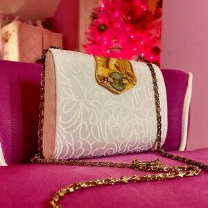 True Vintage Macy’s Ivory Satin Floral Cocktail Party Wooden Shoulder Bag/Purse